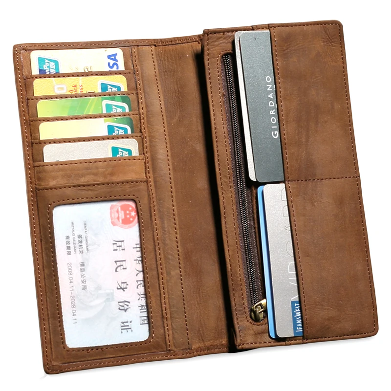 

SEVENE Vintage Long Men Wallets Crazy Horse Genuine Leather Clutch Card Holder Coin Purse Brand Money Bag Clips
