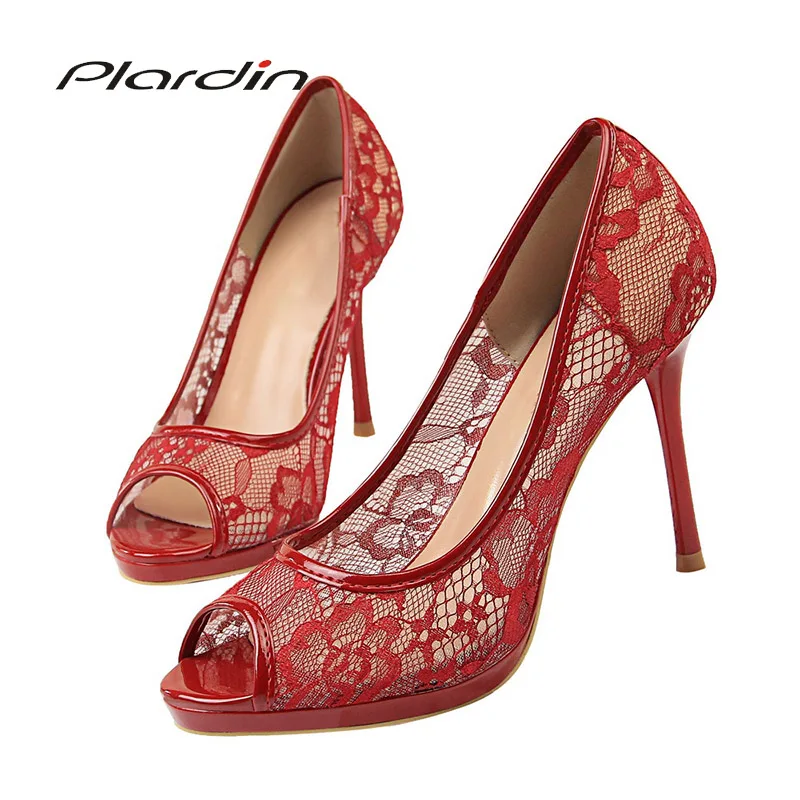 

Plardin New Lace Woman Pumps high heels sandals women Peep Toe Shallow Embroider Woman Shoes Sexy Party Wedding Ladies Shoes