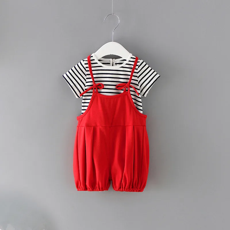 Summer Baby Girls Clothes Set Children Clothing Striped Tops+Bib Pants 2PCS/Set Tracksuit Kids 0-2Y | Мать и ребенок