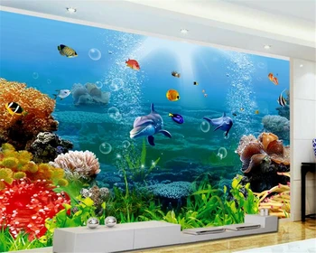

beibehang Scarlet Cute Dolphin Coral View TV Wallpaper Wall Decorative Painting papel de parede wallpaper for walls 3 d behang
