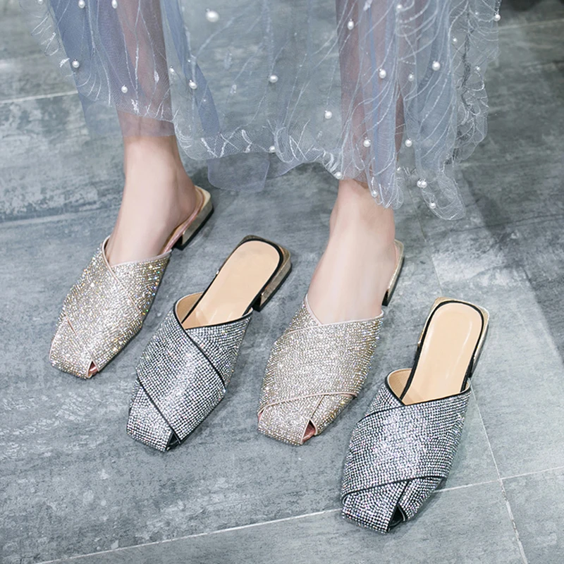 

HEE GEAND Flat Slides Mules Shoes Woman Summer Ladies Elegant Shoes Half Slippers Women's Shoes Bling Lazy Zapatos Mujer XWT1731