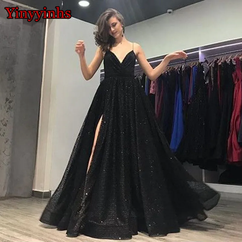 

2019 Black A-Line Spaghetti Straps Sweep Train Sequined Prom Dress V-Neckline Backless Prom Long Elegant Dresses with Split