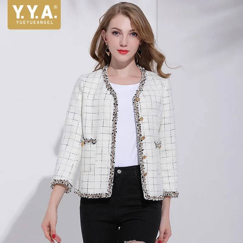 Модная элегантная короткая твидовая куртка с длинными рукавами для женщин Осенняя клетчатая однобортная куртка женская белая черная теплая верхняя одежда S-L