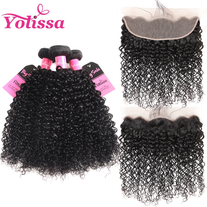 Malaysian Curly Bundles With Frontal Closure Human Hair Pre-Pluck #1B Lace 13x4 Yolissa Remy | Шиньоны и парики