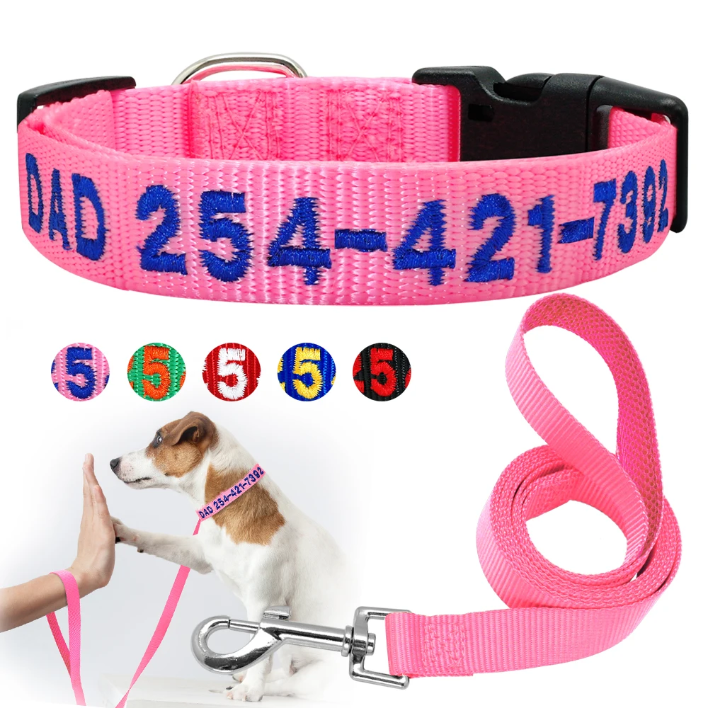 

Dog Collar Leash Set Nylon Personalized Embroidered Pet Dog Collars Customized Puppy Collar Adjustable For Small Large Dogs Pink