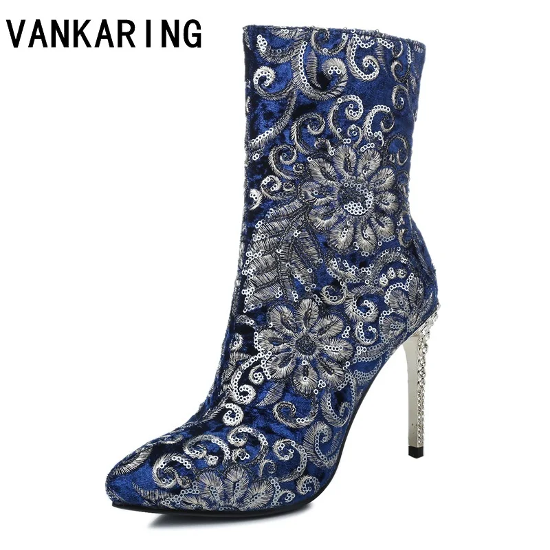 

VANKARING shoes 2019 new spring women ankle boots sexy thin high heels round toe shoes woman dress party wedding shoes boots