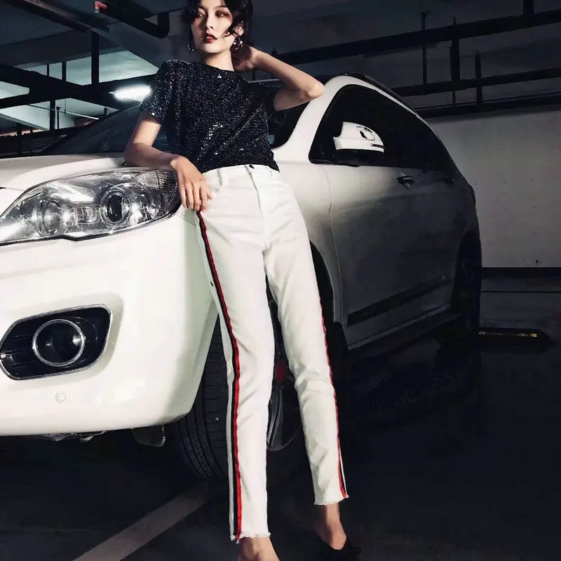 Новые летние Повседневное карандаш Штаны Side Striped Высокая талия тонкие белые узкие джинсы стретч Для женщин с карманом штаны с эластичной