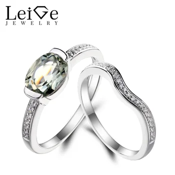 

Leige Jewelry Genuine Natural Green Amethyst Ring Promise Ring Oval Cut Green Gemstone Solid 925 Sterling Silver for Women