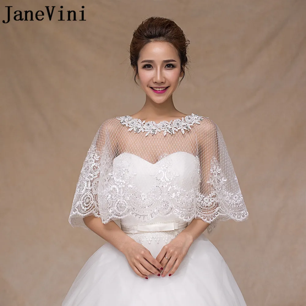 JaneVini Luxury Beaded Women Bolero Ete Femme Top Lace Jackets for Wedding Cape Sequined Mesh Wraps Shawl White Shrugs Stoles