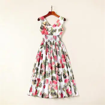 

Women Dresses 2018 High Quality Women Designer Runway V-Neck Sleeveless Backless Printed Lady Dress DX0010N