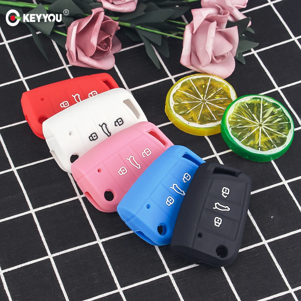 

KEYYOU 3 Button Silicone Rubber Car Key Cover Case Bag For VW PASSAT Skoda Superb A7 KODIAQ 2015 2016 2017 2018 Remote Key Cover