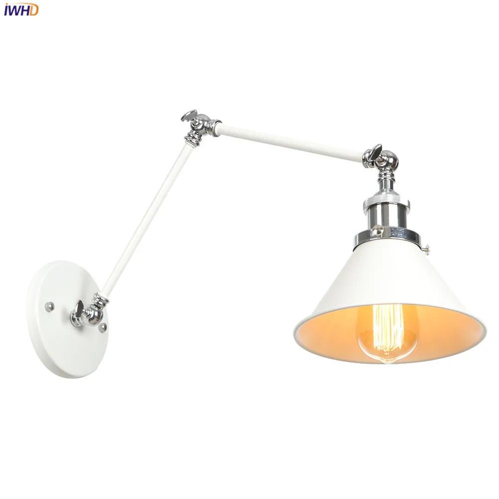 IWHD White Long Arm Vintage Wall Lamp Beside Bedroom Living Room Edison Loft Industrial Style Retro Wall Lights Fixtures LED