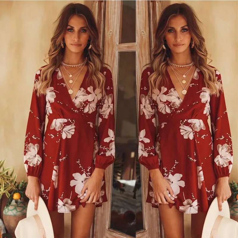 yinlinhe Red Floral Summer Dress Long Sleeve V neck Sexy Wrap Dress Women Sash Lace Up Slim Waist Elegant Vestido      1