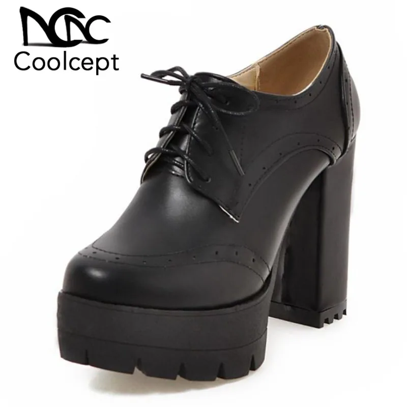 

Coolcept Office Lady High Heel Shoes Women Lace Up Platform Sexy Brogues Pumps Women British Style Thick Heel Shoes Size 34-43