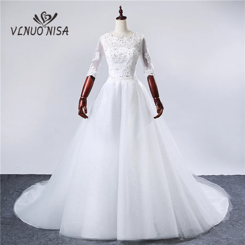 

100% Real Photo 2018 Fashion Lace Half Sleeve Appliques Sequined Long Train Ball Gown Wedding Dress Vestido de Noiva Boat Neck