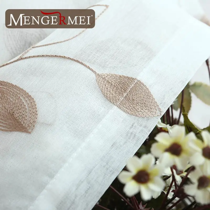 MENGERMEI Simple hojas cortina blanca bordada cortinas tul ventana tratamiento para dormitorio sala de estar XC19