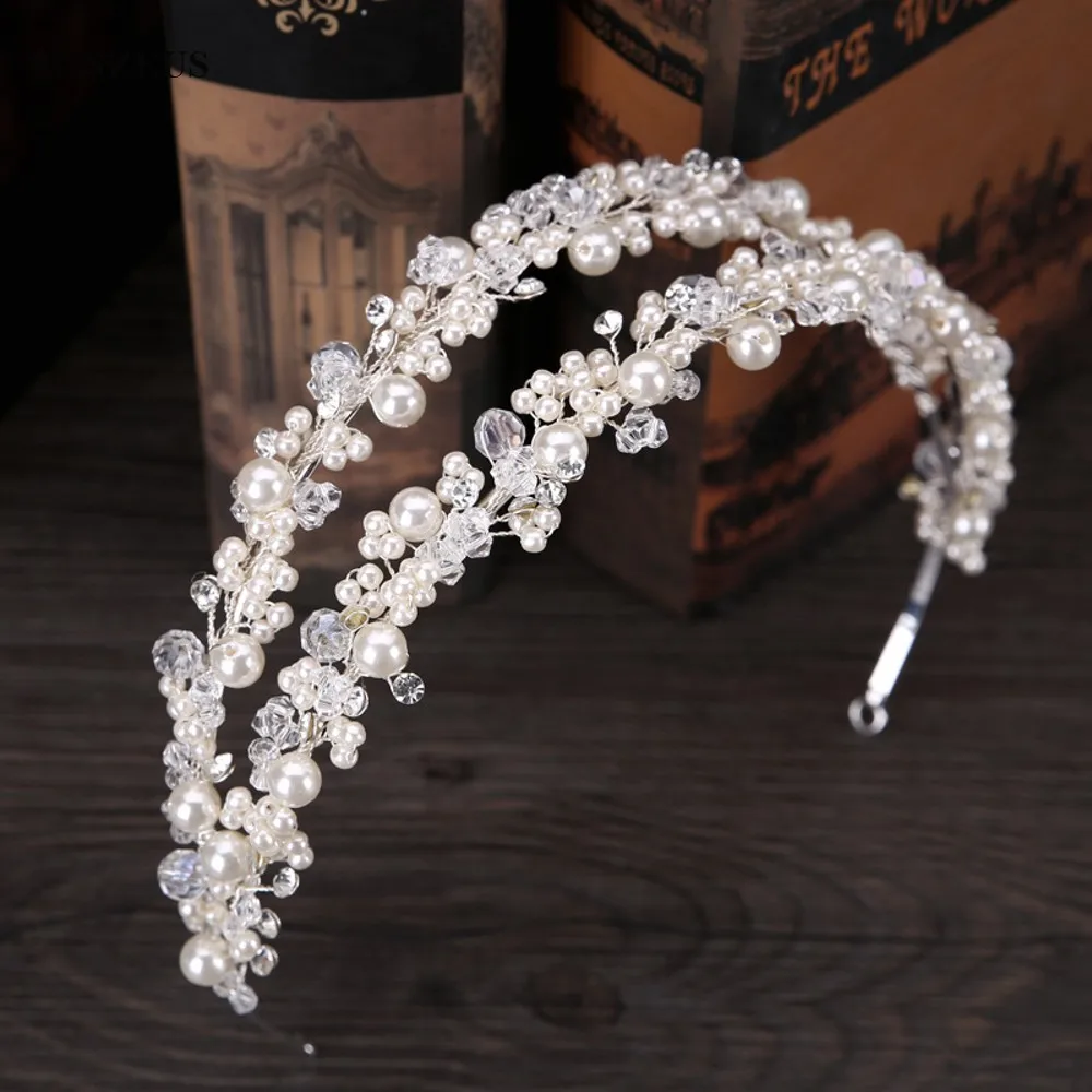 Модный двойной ободок с жемчугом и кристаллами, Свадебные короны ручной работы, повязка на голову принцессы, свадебные аксессуары SQ0148 - Цвет: Серебристый