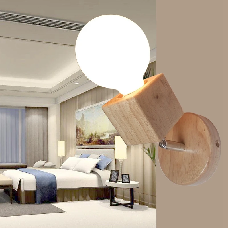 

220V Modern Simple Wooden LED Wall Light Living Room E27 Adjustable Lighting Bedside Lamps Creative Wall Lamp