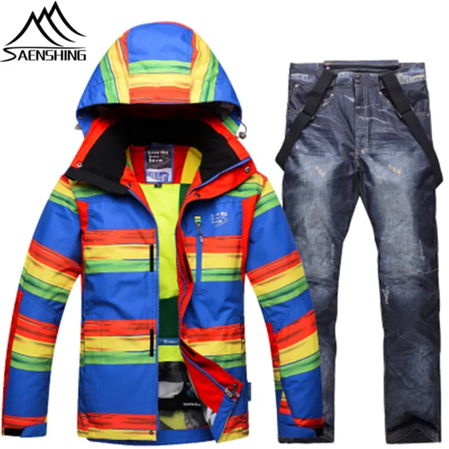 SAENSHING Ski Suit Men Winter Colorful Ski Jakcet + Denim Snow Pants