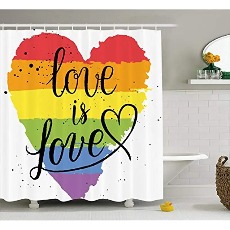 

Vixm Pride Shower Curtain LGBT Gay Lesbian Parade Love Valentines Inspiring Hand Writing Strokes Artistic Fabric Bath Curtains