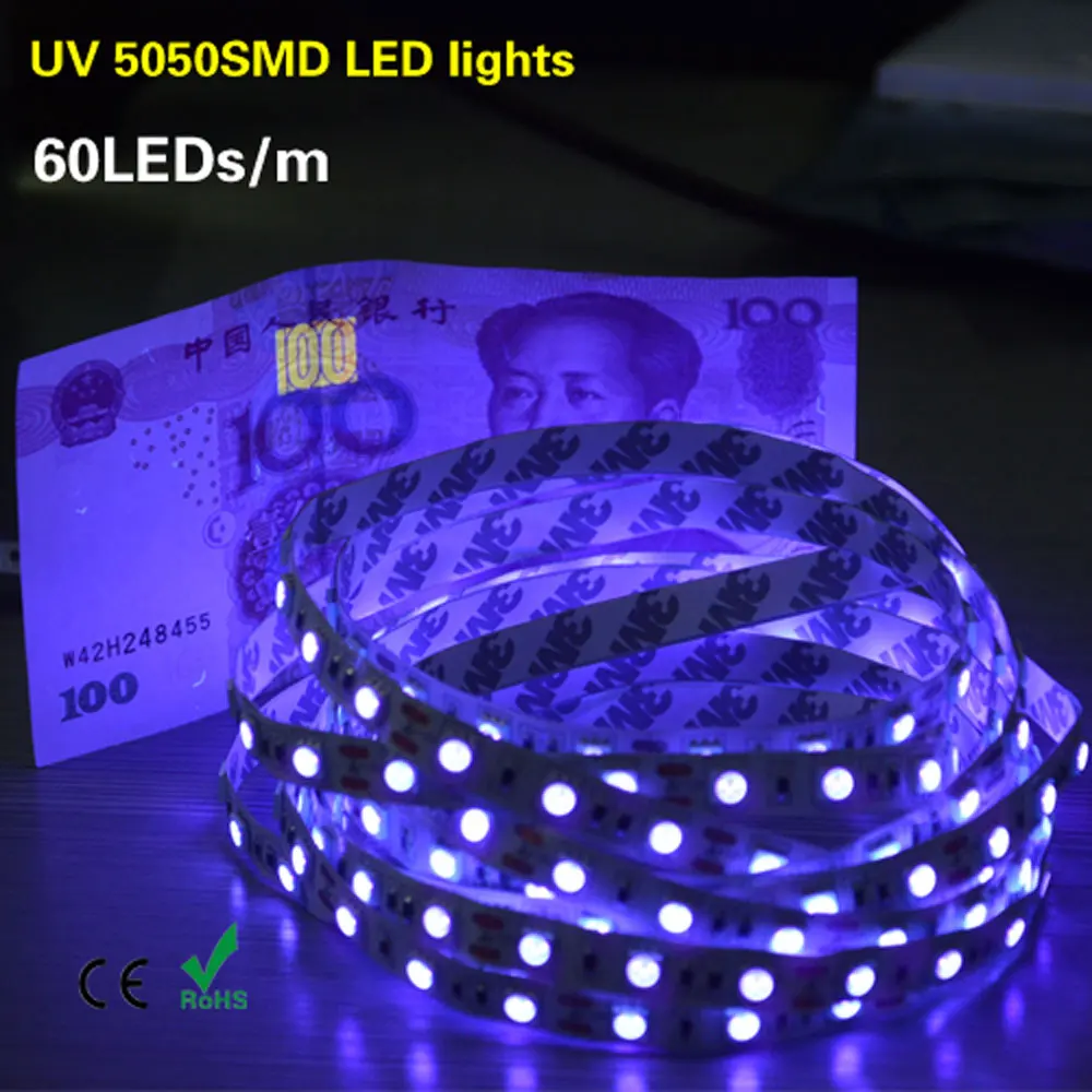 5M 5050SMD Светодиодные ленты УФ полоска лампы 12V не-водонепроницаемый Ультрафиолетовая лампа для денег флуоресцентных агентов считать банковскую карту оформить заказ
