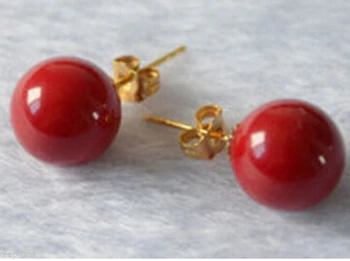 

wyan 823 +++Beautiful 10MM Red Round Shell Pearl Gold Plated Stud Earring
