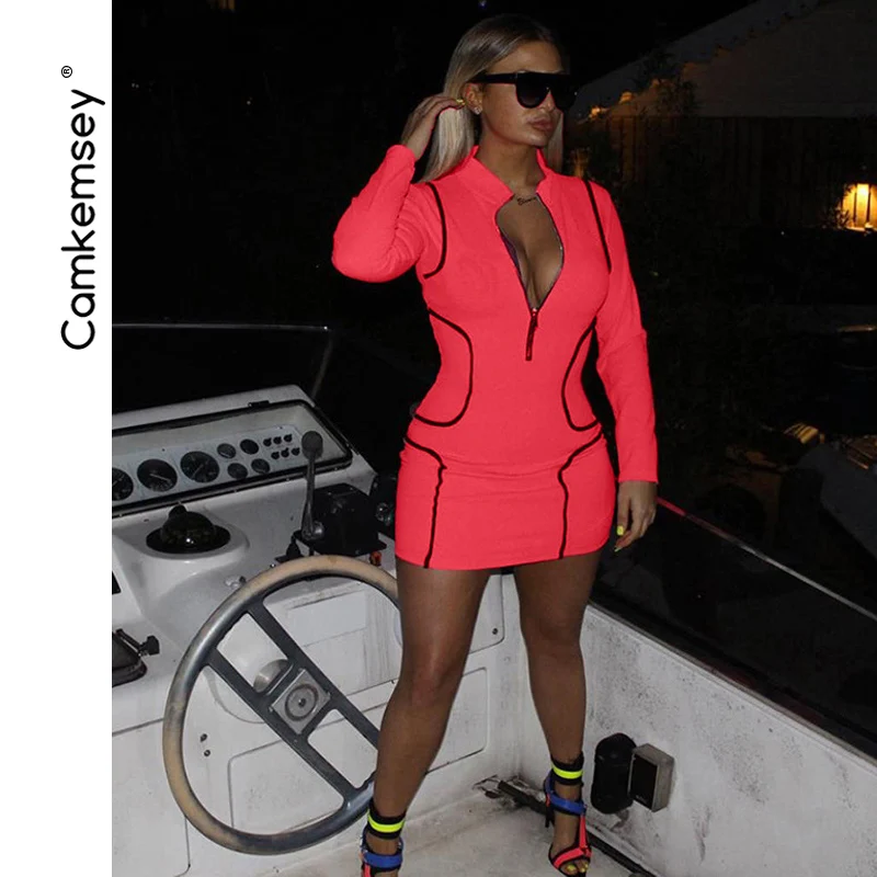 

CamKemsey Streetwear Front Zippers Strip Patchwork Mini Bodycon Dress Women 2019 Spring Long Sleeve Turtleneck Sexy Club Dresses