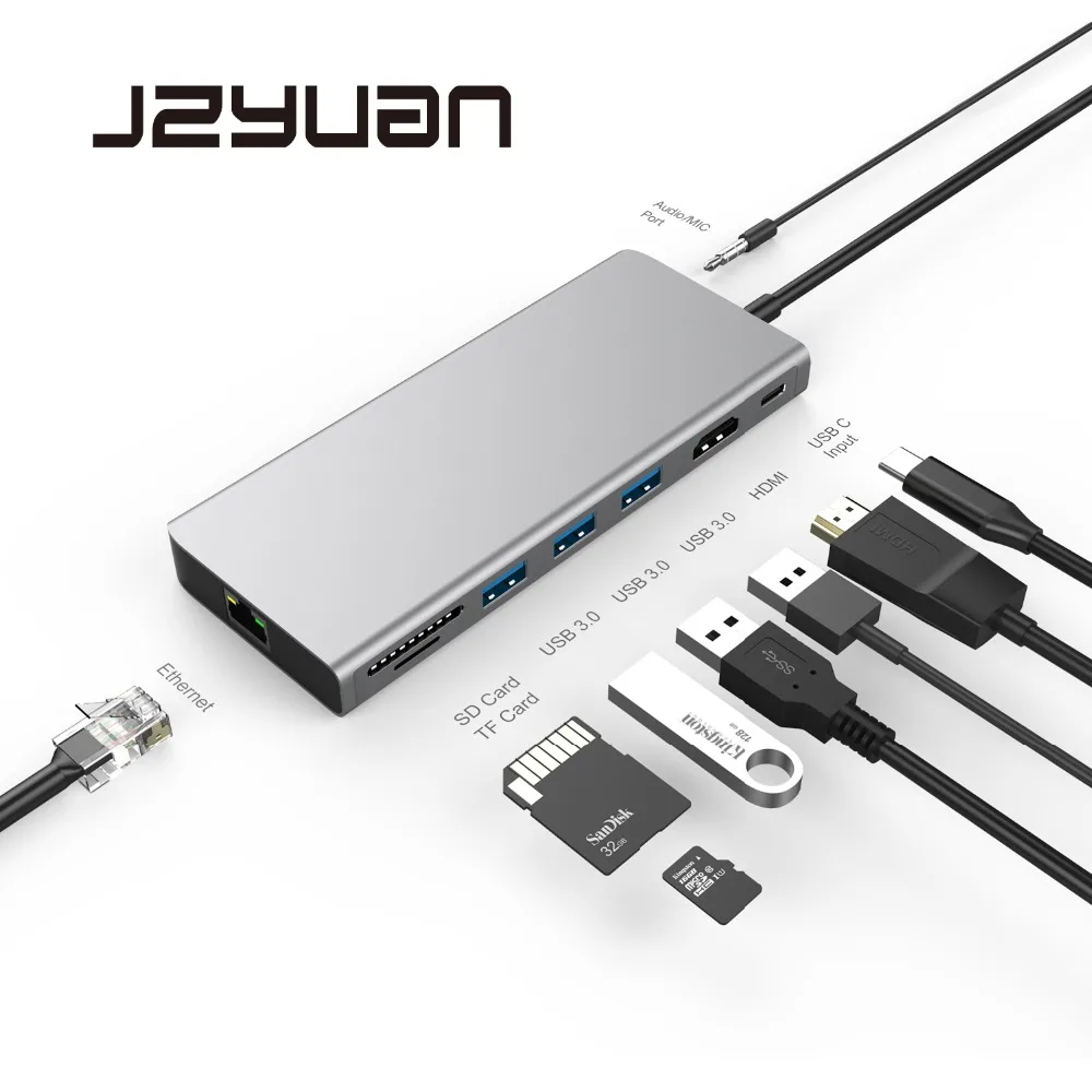 

JZYuan USB HUB USB C 3.1 HUB to HDMI 4K Ethernet Thunderbolt 3 Type C Charging Dock For MacBook Pro Huawei P20 Pro USB HUB 3.0