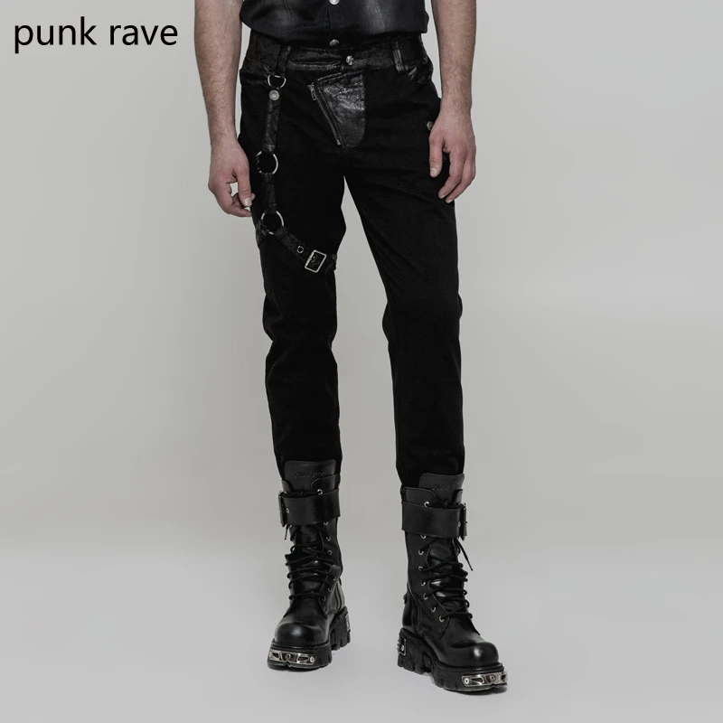 PUNK RAVE para ropa gótica de algodón negro con cuero, Retro, Steampunk, a la moda|Pantalones informales|