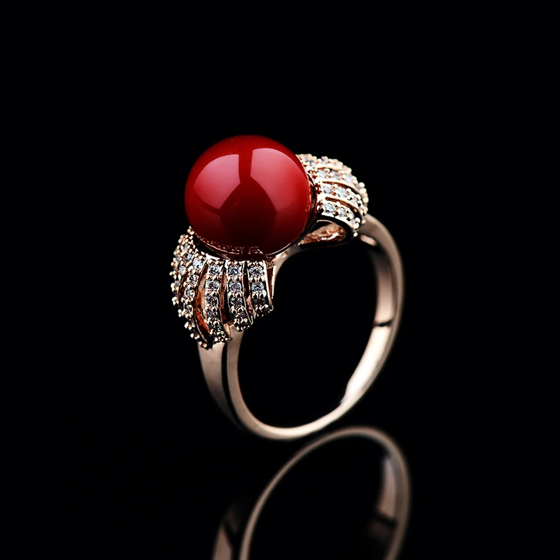 K's Gadgets, серьги с большим шаром, кольцо, ювелирный набор, кристаллы, стразы, розовое золото, Красный искусственный коралл, свадебные ювелирные наборы