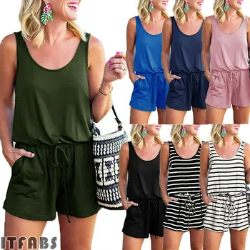 

Womens Causal Holiday Mini Playsuit Ladies Short Jumpsuit Vintage Striped Solid Rompers Summer Beach Overalls One Piece Clothes