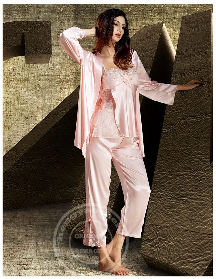 Новинка, женские пижамы из искусственного шелка, атласные шелковые пижамные комплекты, пижамы с длинными рукавами и вышивкой, комплект кружевной пижамы X6632