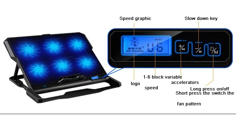 Тетрадь кулер для ноутбука Охлаждающие подставки для радиатора 14/15. 6-дюймовый ЖК-дисплей Панель немой Регулировка скорость ветра, температура быстрое охлаждение