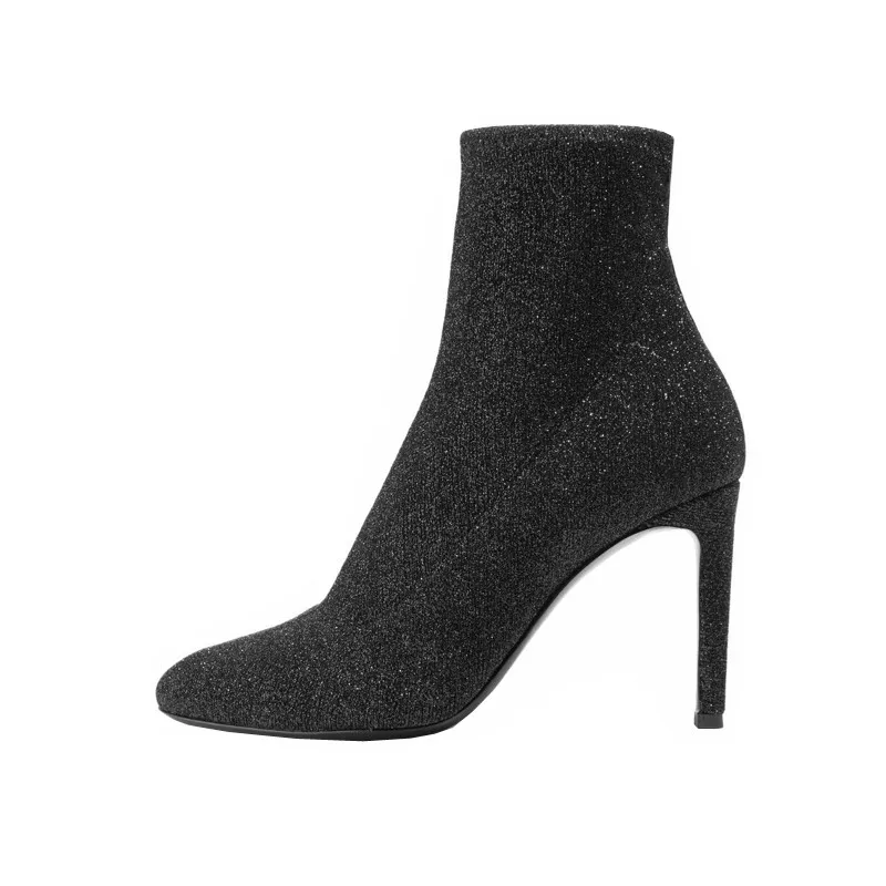 

2019 Bling Bling Women Sequins Knitting Ankle Boots 9CM High Heels Pointed Toe Shoes Fashion Women Elastic Stocking Booties