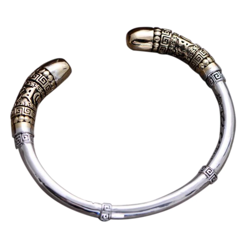 Genuine-925-Sterling-Silver-Jewelry-Vintage-Cuff-Bracelets-Men-Monkey-King-Golden-Cudgel-High-Polished-Top