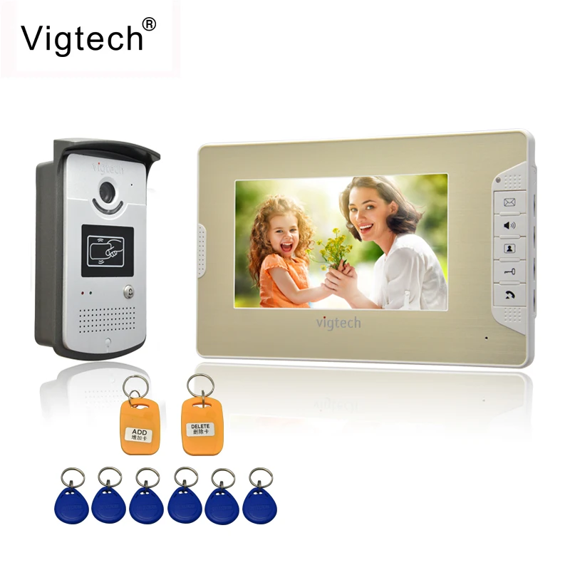 Vigtech домашняя 7 "видеодомофон система дверного телефона с 1 золотой монитор 1 RFID считыватель карт HD дверной звонок камера Бесплатная доставка