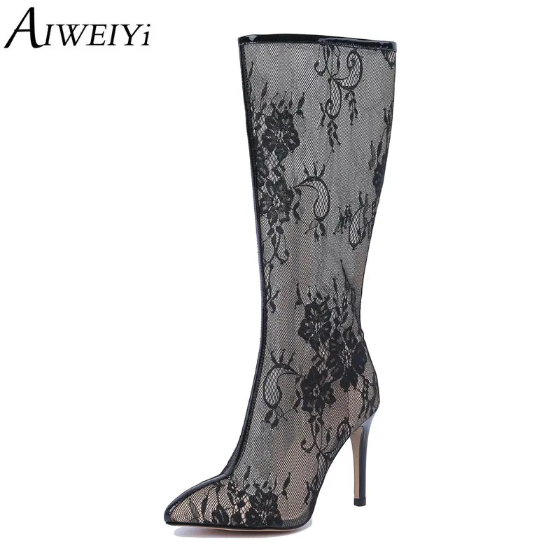 

AIWEIYi Lace Knee High Boots for Women Pointed toe Spring Summer Stiletto Heel High Heels Summer Boots