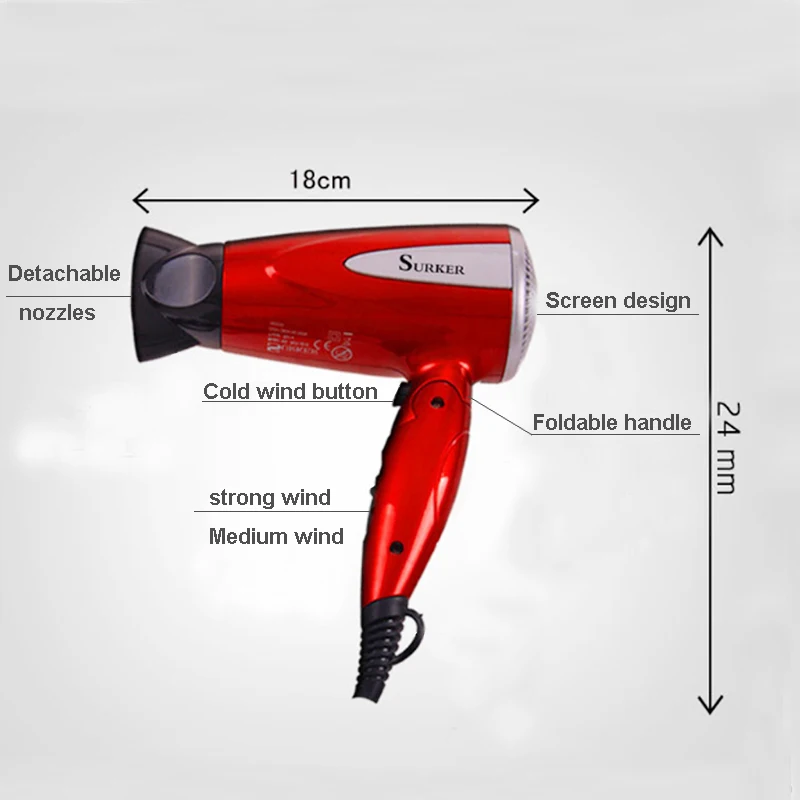 1800W Foldable Hair Dryer Blow Portable High Power Red Professional Electric Hair Dryer Travel Hairdressing Hot&Cool Wind (3)