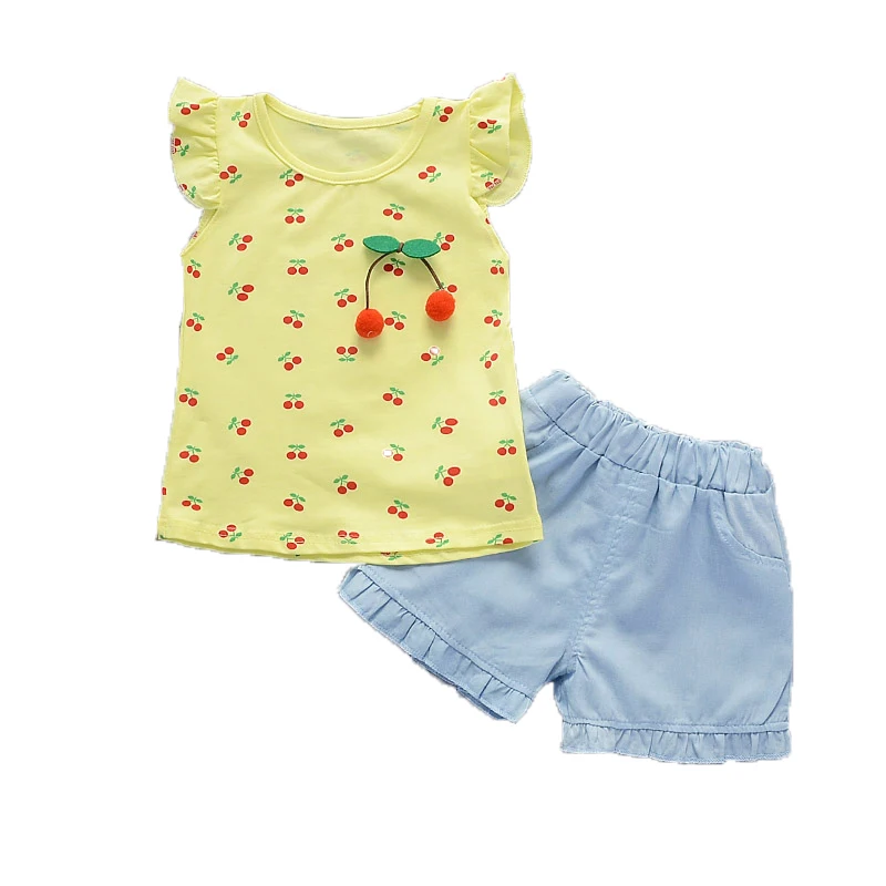 

BibiCola New Summer Baby Girls Clothing Set Kids Summer Clothing For Girl Cherry Cotton Tops + Shorts Pink T-shirt Clothes