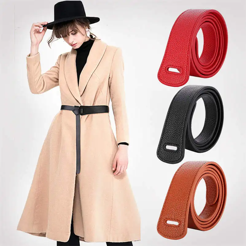 

Women Genuine Leather Thin Belt Wrap Around Self Tie Obi Cinch Waist Band Coat Dress Decor