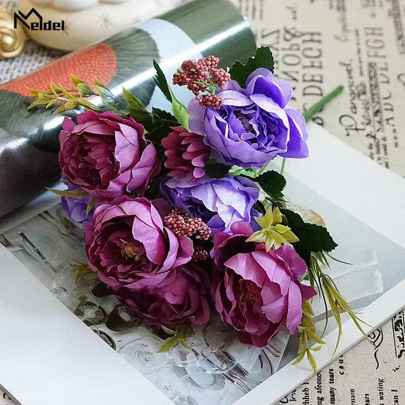 A-purple Meldel свадебный букет, Искусственный Пион, 7 головок, розовый, для подружек невесты, свадебный букет, сделай сам, для дома, вечерние, декор для магазина - Цвет: A-purple