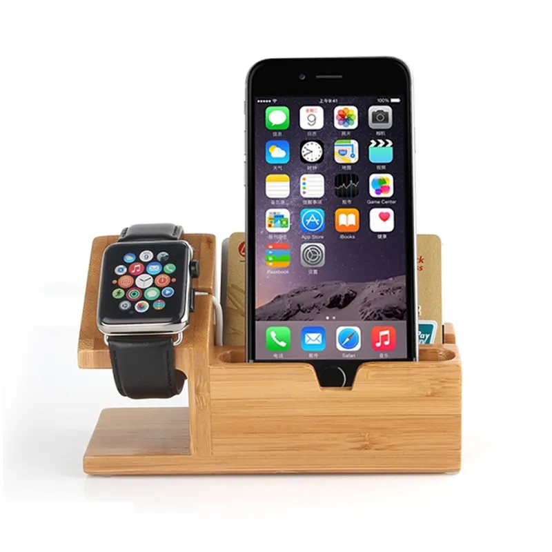 Настоящий Натуральный Бамбуковый кронштейн для Зарядка для часов Apple док-станция Колыбель с 3 usb-портом держатель для телефона для Iphone samsung htc