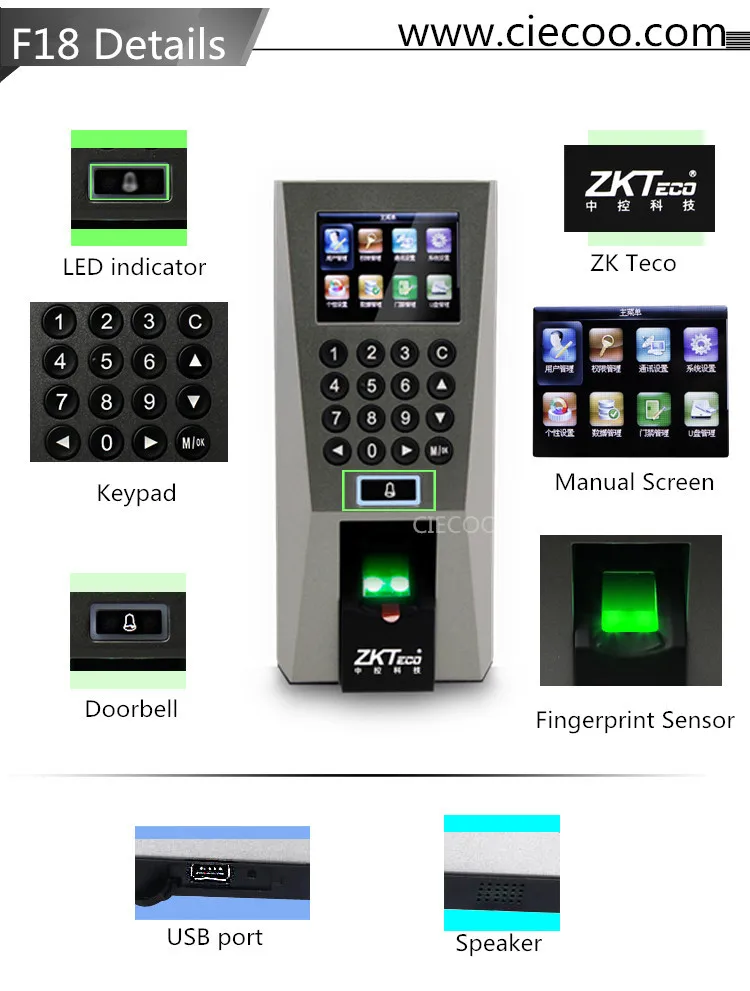 ZK F18 биометрическая лицевая распознавание здания Управление доступа по отпечаткам пальцев Управление и времени посещаемости двери безопасности Системы