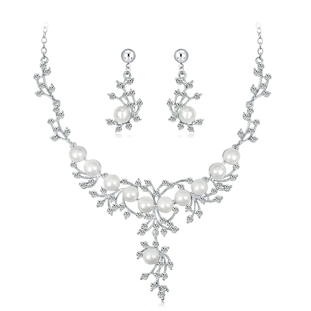

Leaf Branch Crystal Bridal Jewelry Sets for Women Silver Color Rhinestone Bridal Necklace and Earring Sets Pearl Bead Jewellery