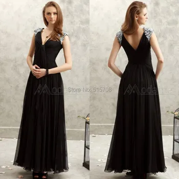

Black 2015 Long Prom Dresses V Neck Sleeveless Floor Length Ruched Chiffon Gowns with Beads Evening Dresses