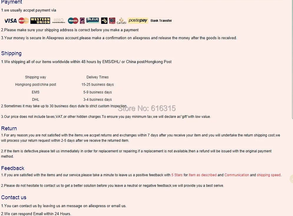 payment and shipping