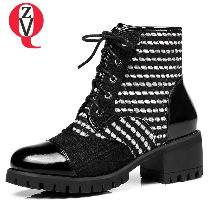 

ZVQ winter new casual patent leather boots women med square heel platform cross-tied shoes outside warm round toe ankle boots