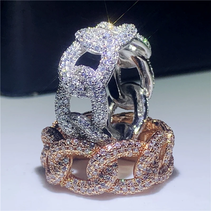 Уникальный бренд в стиле хип-хоп, винтажное ювелирное изделие, 925 серебро и розовое золото, белое прозрачное 5А Фианит, вечерние женские свадебные кольца