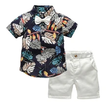 Летняя одежда для маленьких мальчиков топы с короткими рукавами и принтом листьев, блузка футболка+ шорты, повседневные комплекты детской одежды, модная одежда