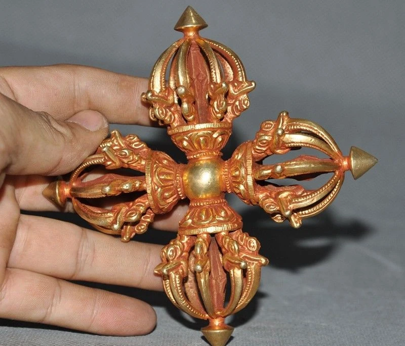 Тибетский буддизм Бронзовый 24k золотой позолоченный Dorje Vajra Phurpa Exorcism Dagger FaQi|Статуи